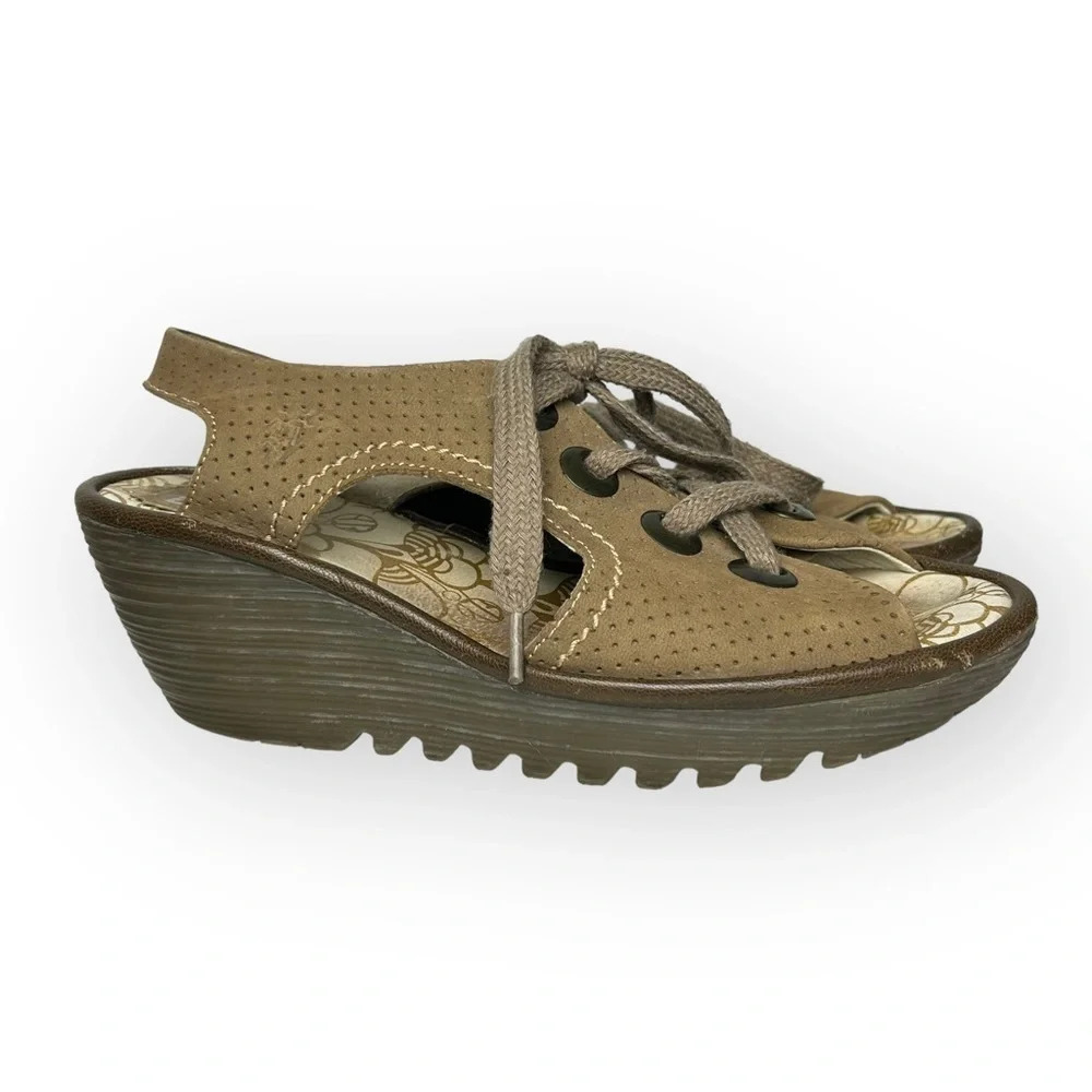 Fly London Yiva Perforated Taupe Lace  Up Wedge Sandals 38